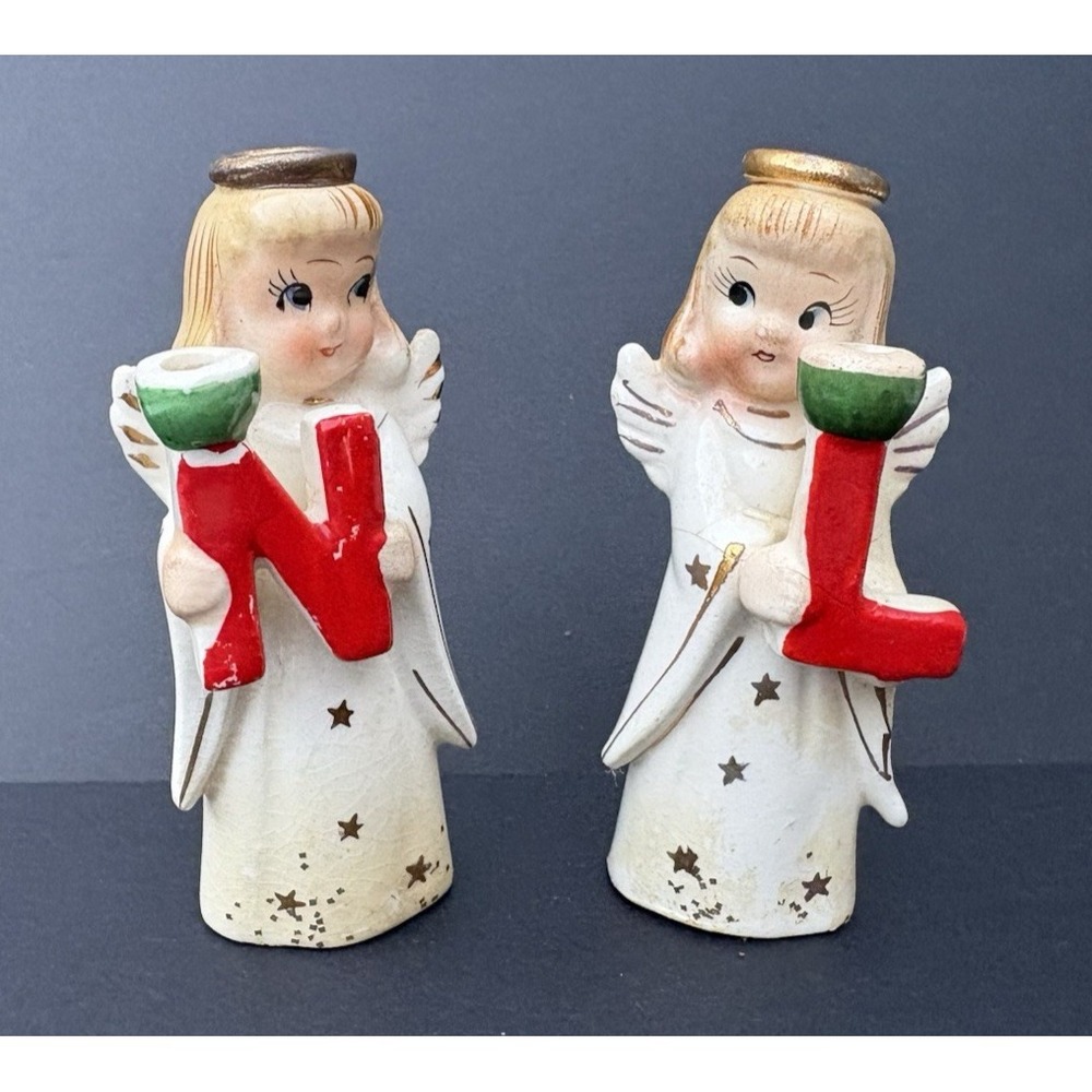 Vintage Christmas decor Commodore heavenly angels girl candle holders N & L